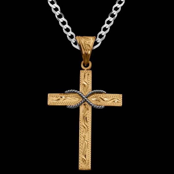Our Samuel Cross Pendant is as enduring as those who wear it. Handcrafted on a Jeweler’s Bronze base, it features hand-engraved scrollwork and a German Silver rope infinity at the center, completing this beautiful design.

Size: 1.5"" x 2.0&am